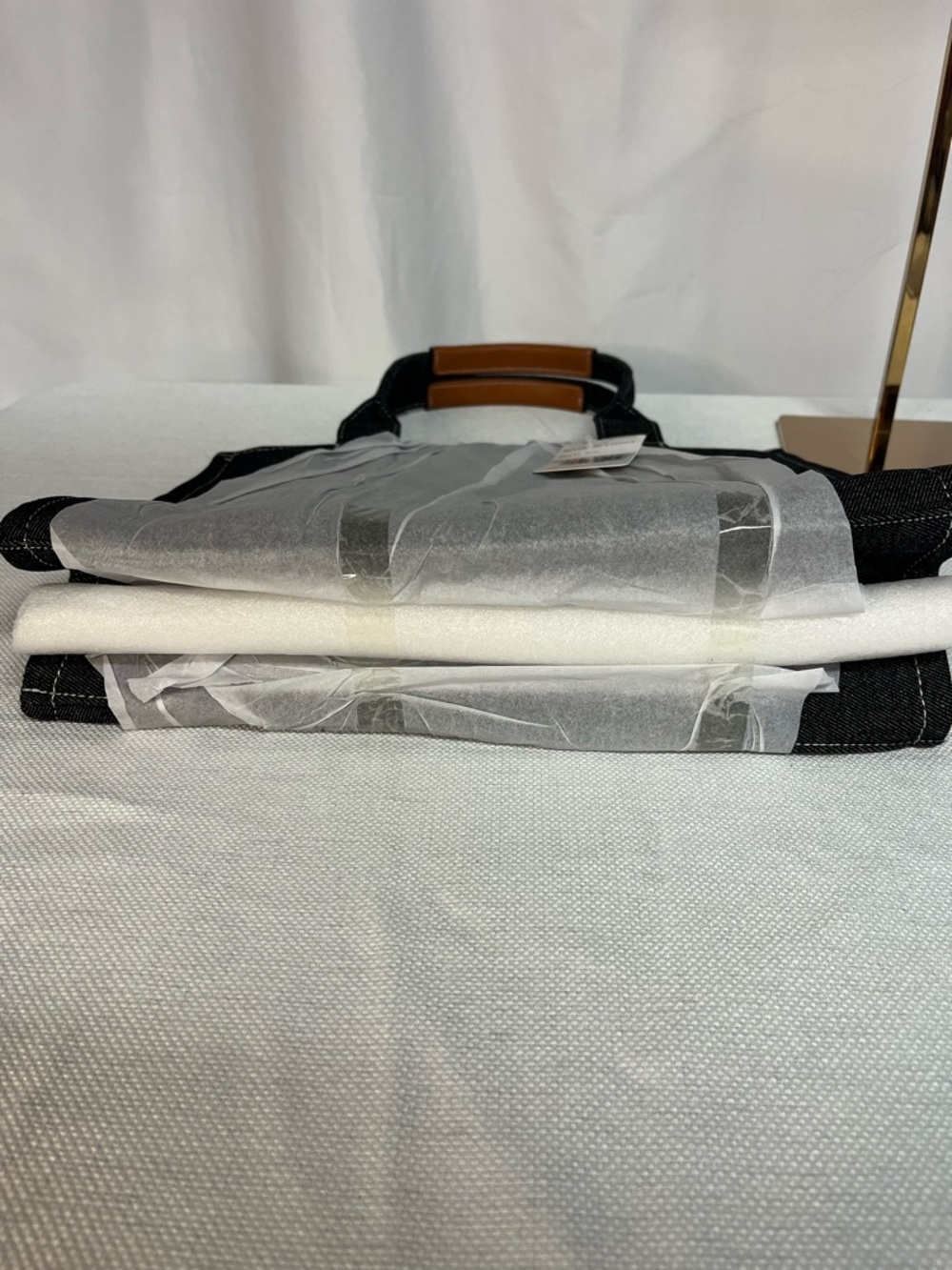 Denim Fashion Tote Bag with Contrast Brown Leather Top Handles - 13x10.5x5 - Picture 5 of 7